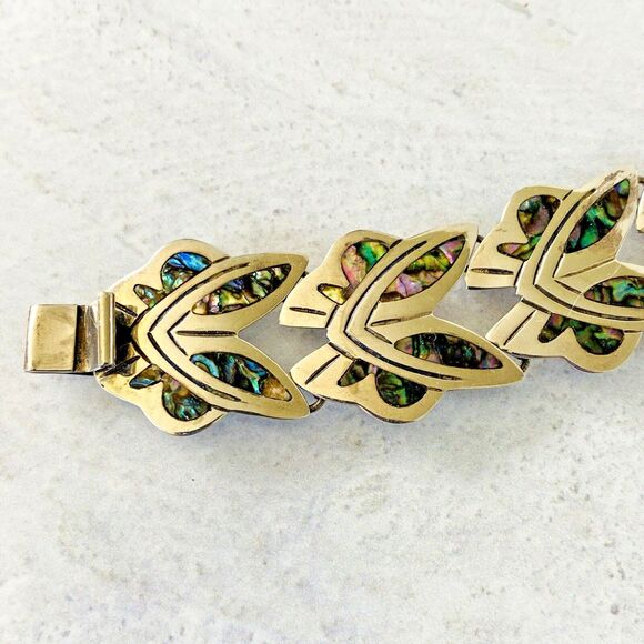 Vintage Signed Mexican Sterling Silver Abalone Inlay Bracelet Stylized Design - Picture 2 of 9